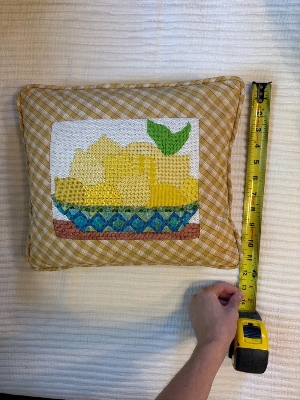 Handcrafted Yellow Lemon Butter Yellow Plaid Needlepoint Mini Accent Pillow